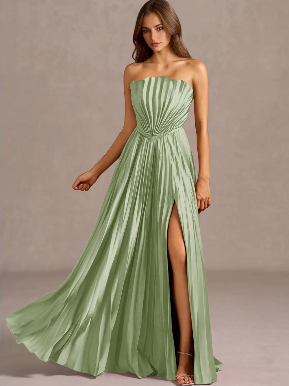 Azazie Kaia Light Green Maxi Dress Strapless Sage Green Pleated Evening Gown